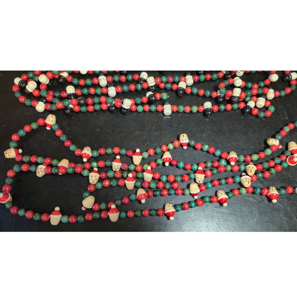 Vintage Christmas Wood Bead Garland Set Santa Snowman Red Green 95 inches